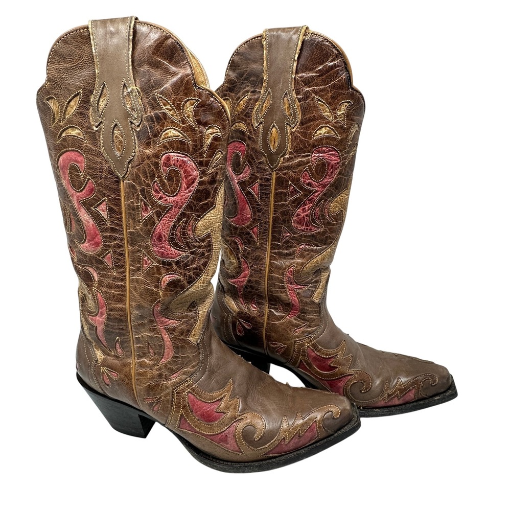Sterling River Womens‎ Brown Die Cut Leather Western Cowboy Boots Size 10B